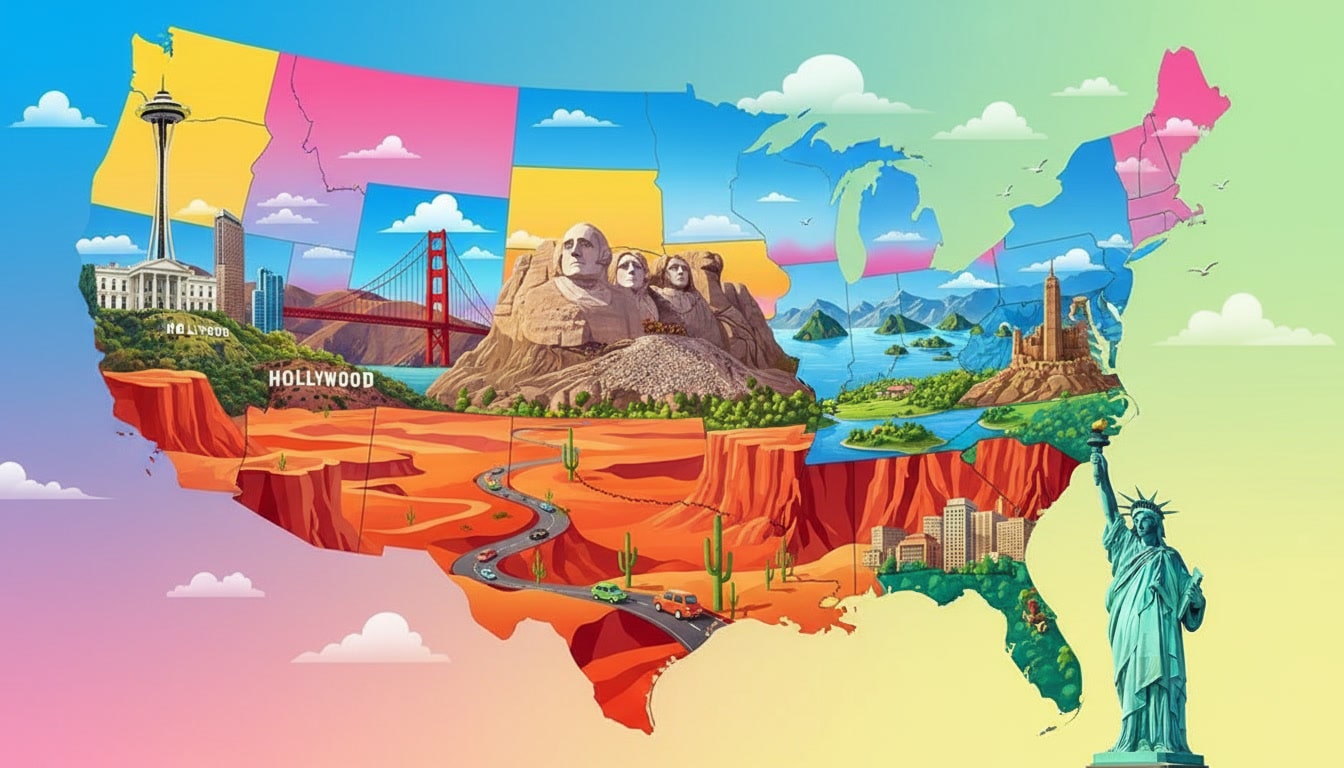 illustration of USA map and landmarks